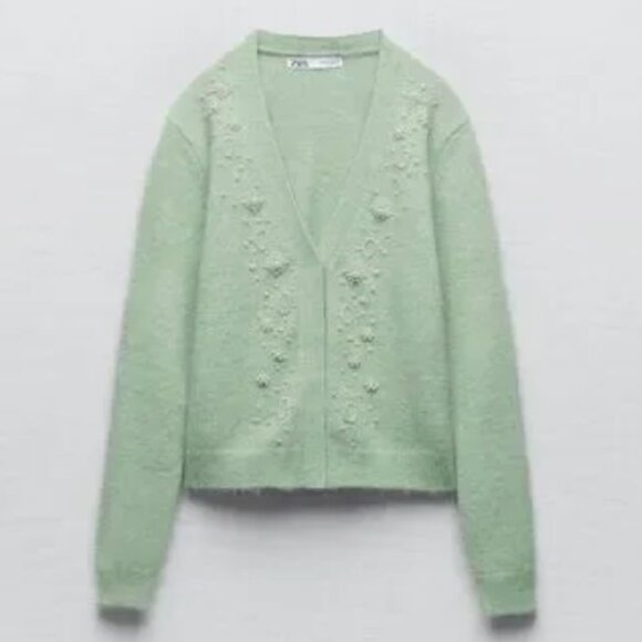 Zara Pearl Embellished Button Front Long Sleeve Cardigan Sweater Green Medium - Picture 7 of 7